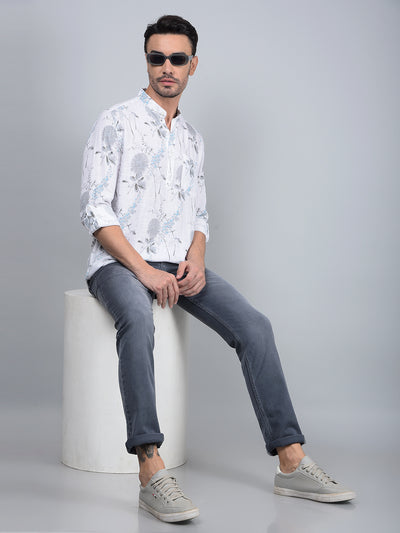 White Floral Print Linen Kurta-Men Kurtas-Crimsoune Club