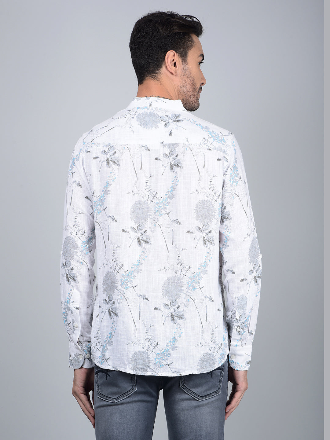 White Floral Print Linen Kurta-Men Kurtas-Crimsoune Club