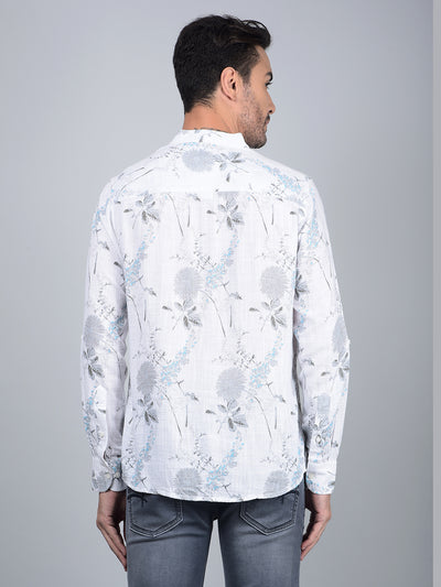 White Floral Print Linen Kurta-Men Kurtas-Crimsoune Club
