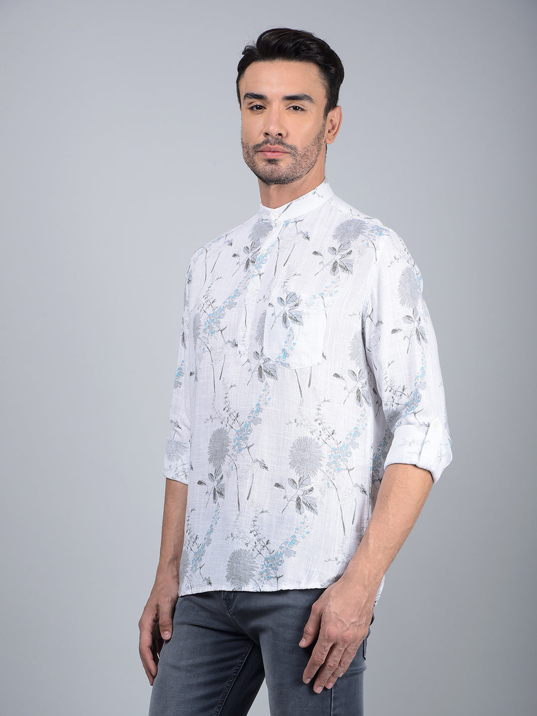 White Floral Print Linen Kurta-Men Kurtas-Crimsoune Club