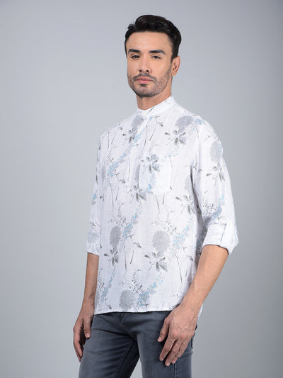 White Floral Print Linen Kurta-Men Kurtas-Crimsoune Club