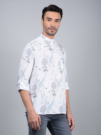 White Floral Print Linen Kurta-Men Kurtas-Crimsoune Club