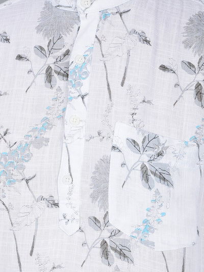 White Floral Print Linen Kurta-Men Kurtas-Crimsoune Club