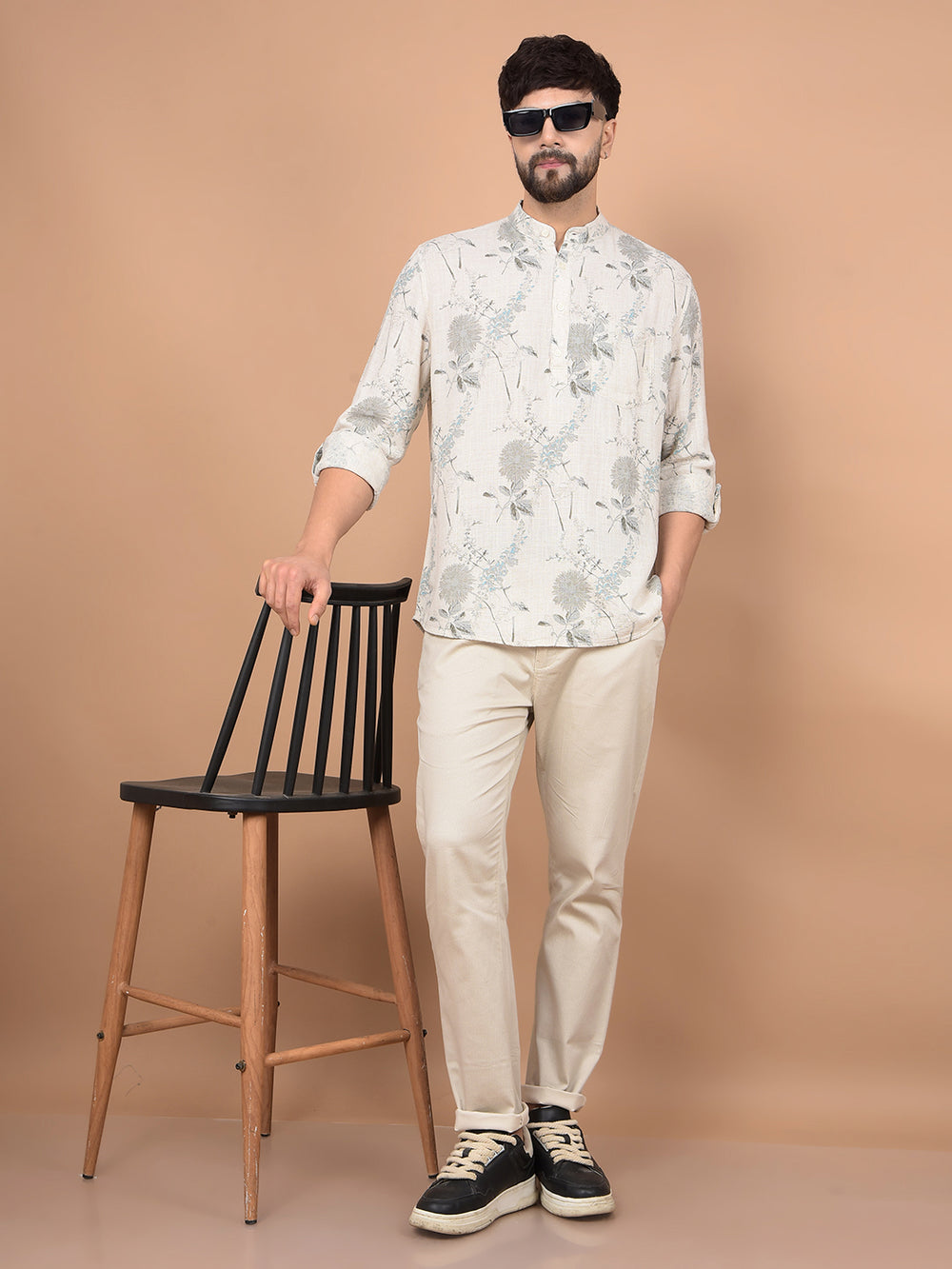 Beige Floral Print Linen Kurta-Men Kurtas-Crimsoune Club