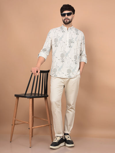 Beige Floral Print Linen Kurta-Men Kurtas-Crimsoune Club