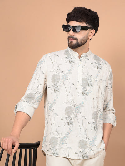 Beige Floral Print Linen Kurta-Men Kurtas-Crimsoune Club