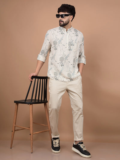Beige Floral Print Linen Kurta-Men Kurtas-Crimsoune Club