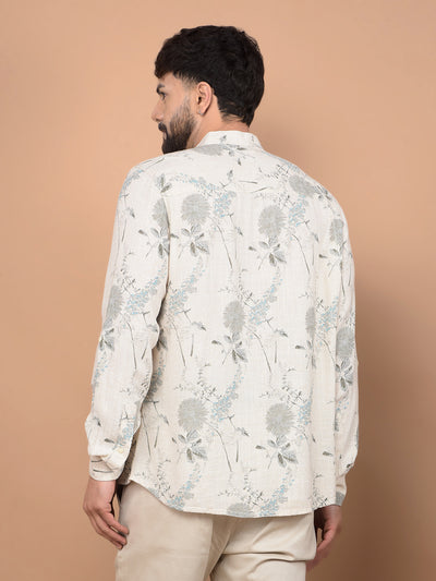 Beige Floral Print Linen Kurta-Men Kurtas-Crimsoune Club