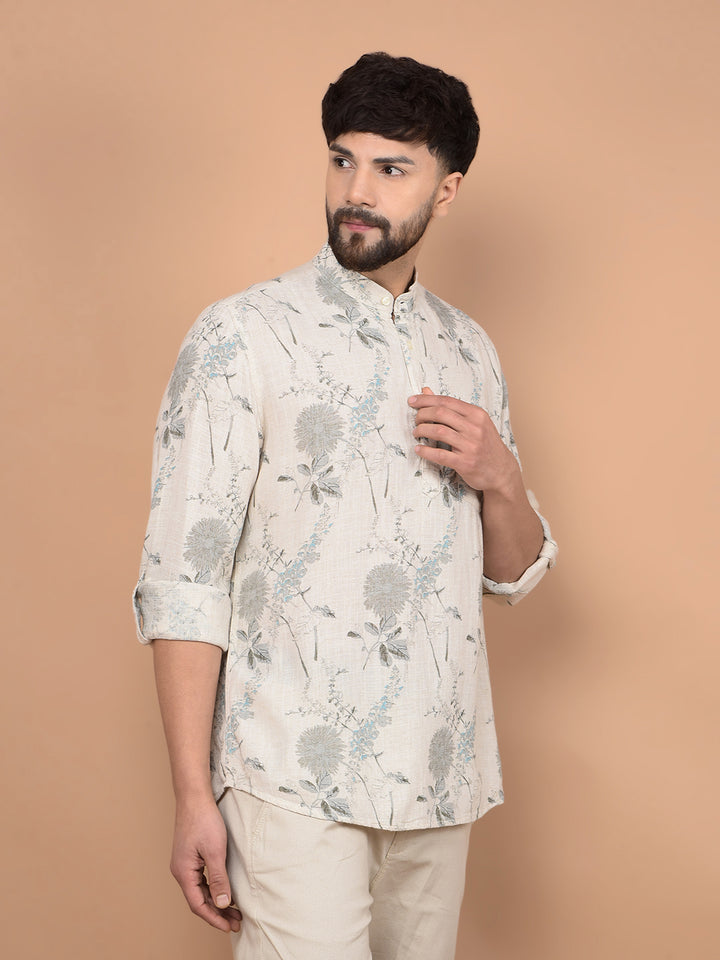 Beige Floral Print Linen Kurta-Men Kurtas-Crimsoune Club