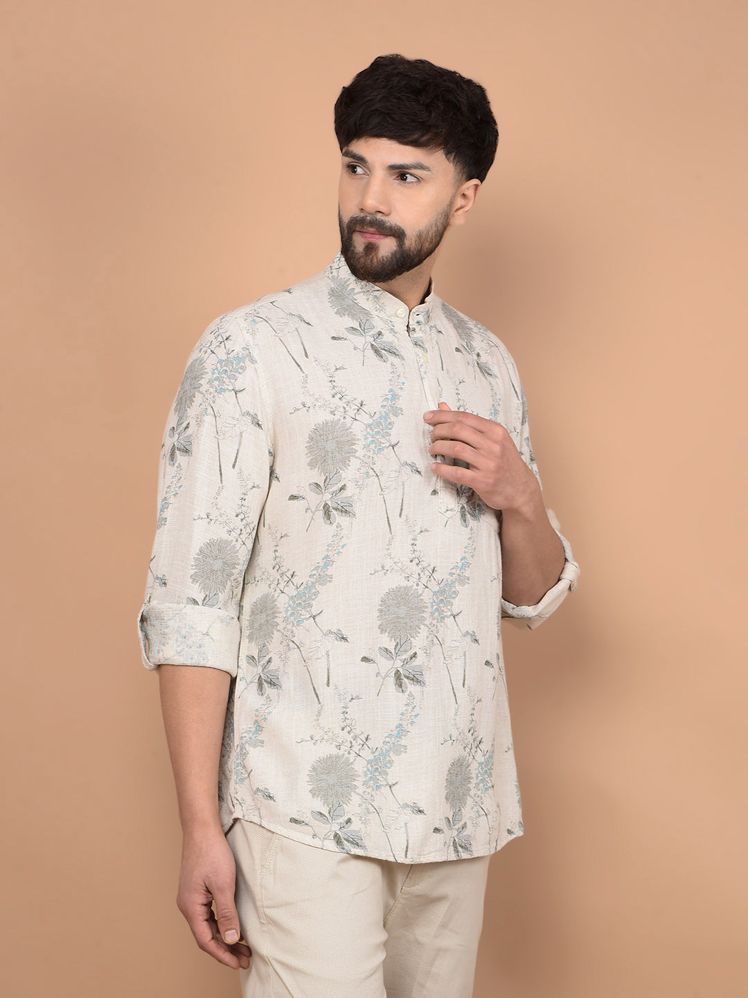 Beige Floral Print Linen Kurta-Men Kurtas-Crimsoune Club