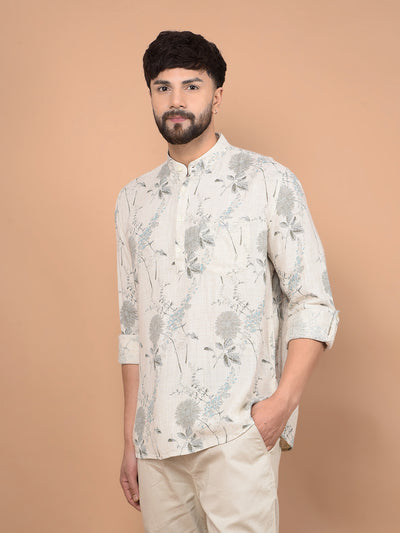 Beige Floral Print Linen Kurta-Men Kurtas-Crimsoune Club