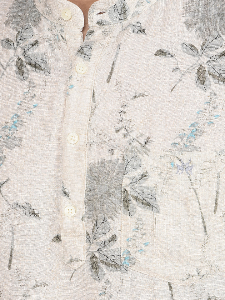 Beige Floral Print Linen Kurta-Men Kurtas-Crimsoune Club