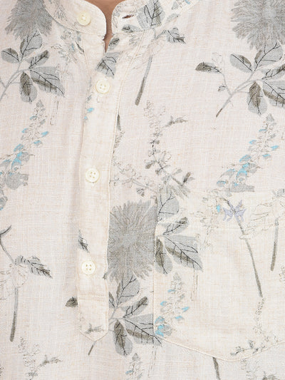 Beige Floral Print Linen Kurta-Men Kurtas-Crimsoune Club