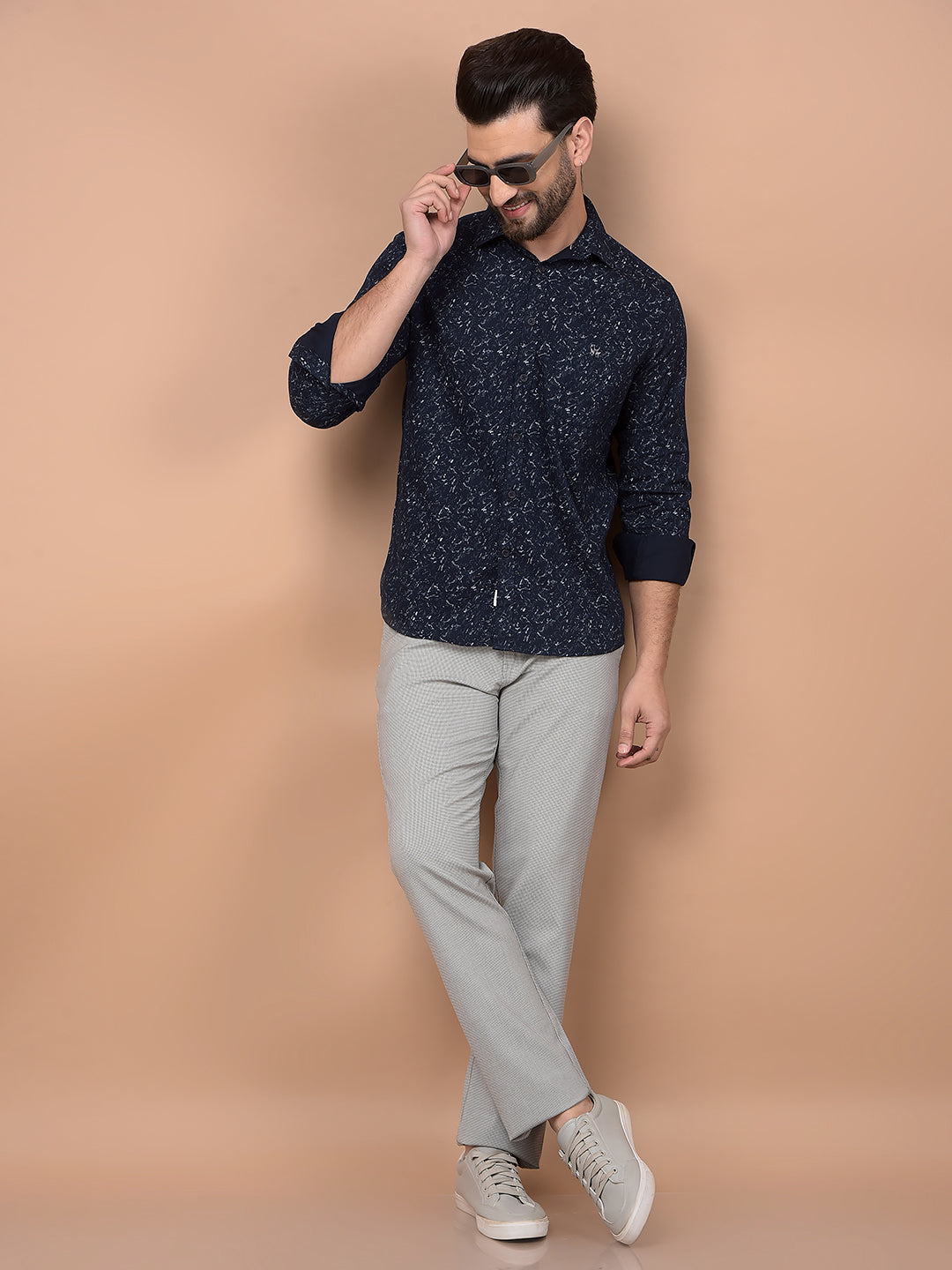 Navy Blue Printed 100% Cotton Shirt-Men Shirts-Crimsoune Club