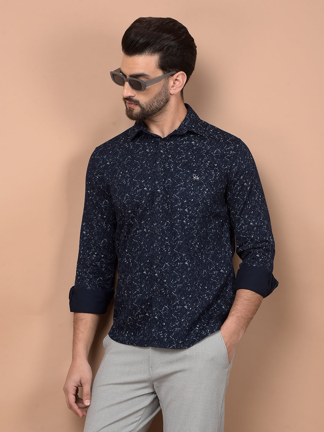 Navy Blue Printed 100% Cotton Shirt-Men Shirts-Crimsoune Club