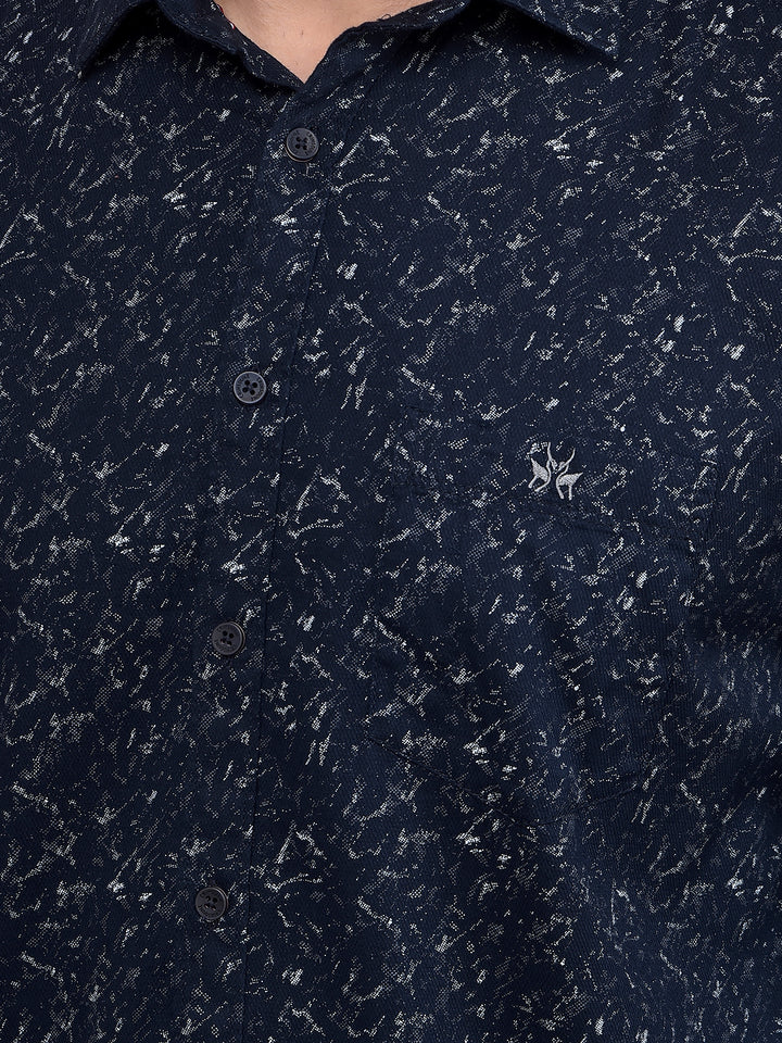 Navy Blue Printed 100% Cotton Shirt-Men Shirts-Crimsoune Club