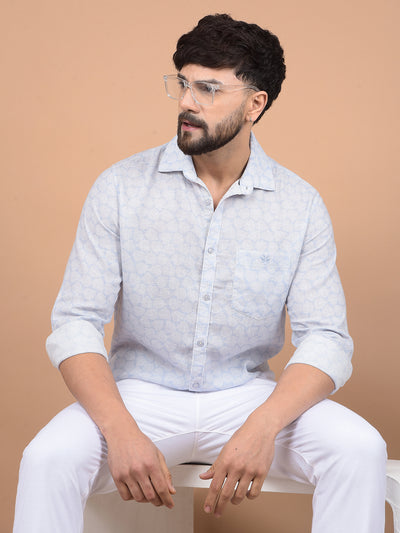 Blue Printed Linen Shirt-Men Shirts-Crimsoune Club