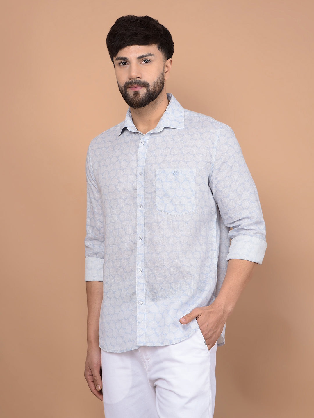 Blue Printed Linen Shirt-Men Shirts-Crimsoune Club