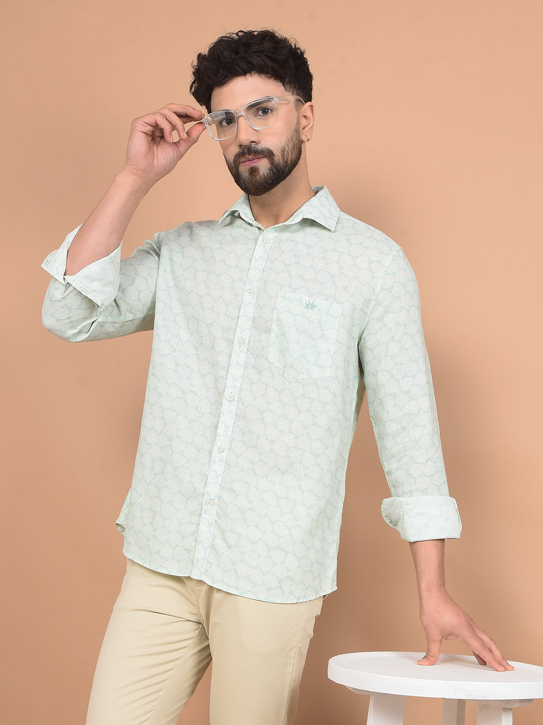 Green Printed Linen Shirt-Men Shirts-Crimsoune Club