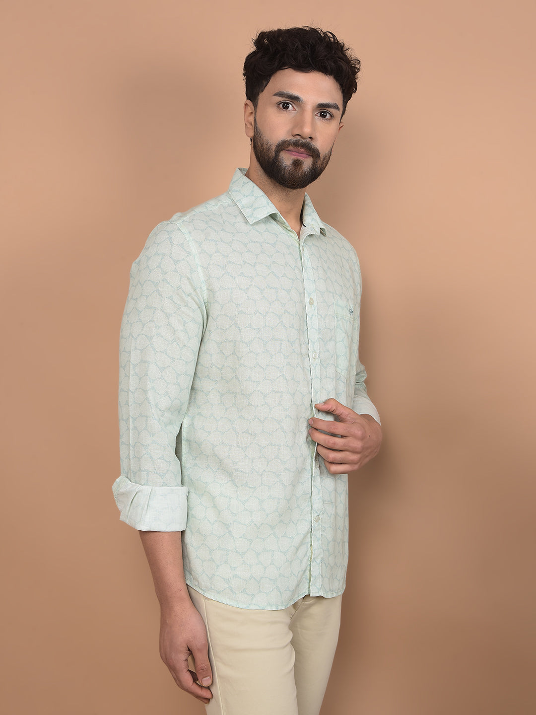 Green Printed Linen Shirt-Men Shirts-Crimsoune Club