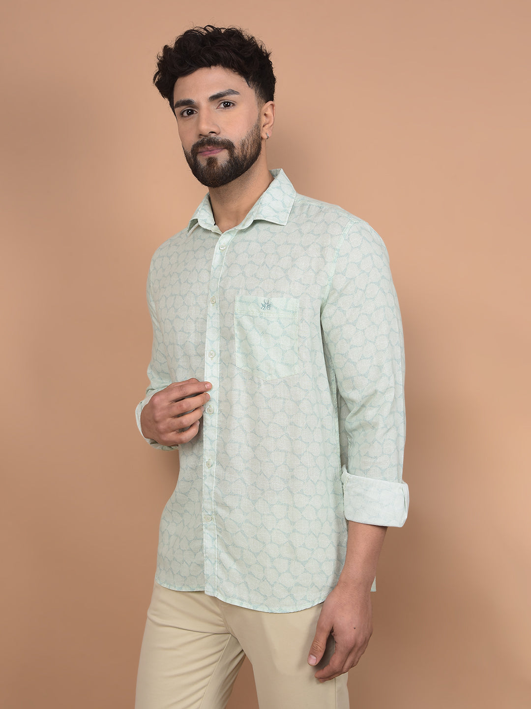 Green Printed Linen Shirt-Men Shirts-Crimsoune Club