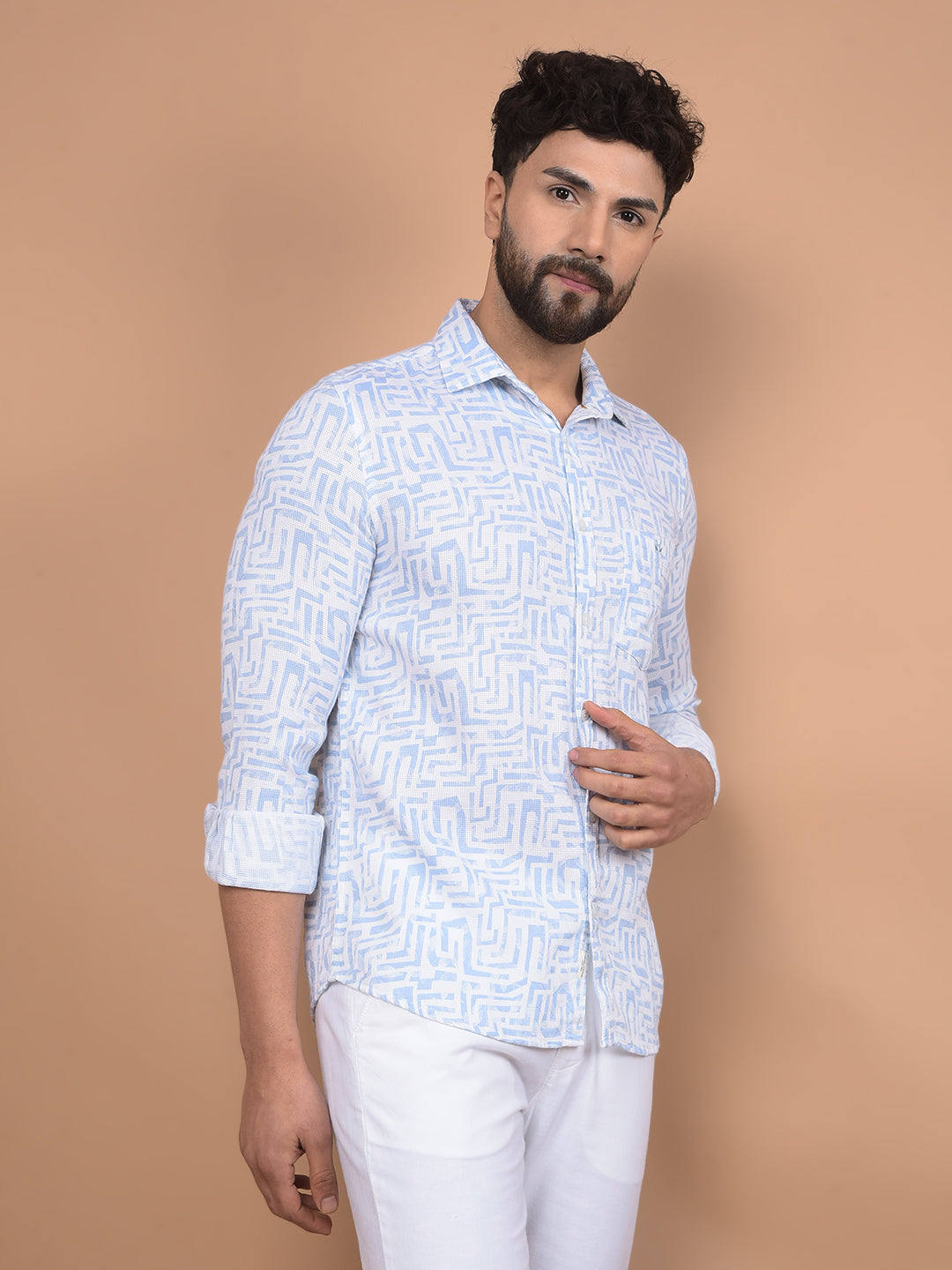 Blue Printed 100% Cotton Shirt-Men Shirts-Crimsoune Club