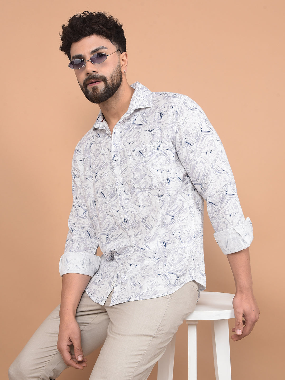 Blue Printed 100% Cotton Shirt-Men Shirts-Crimsoune Club