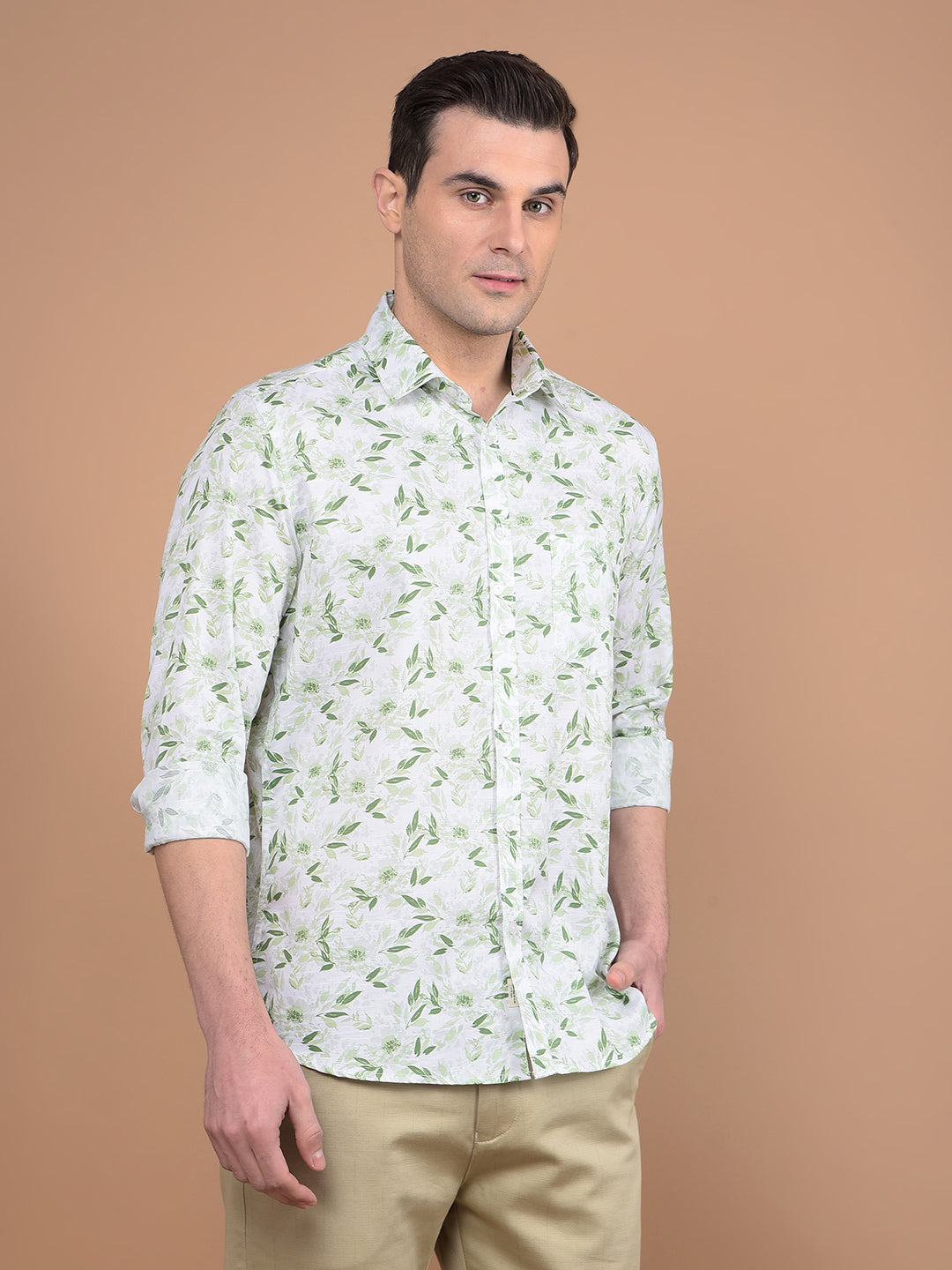 Green Floral Print 100% Cotton Shirt-Men Shirts-Crimsoune Club
