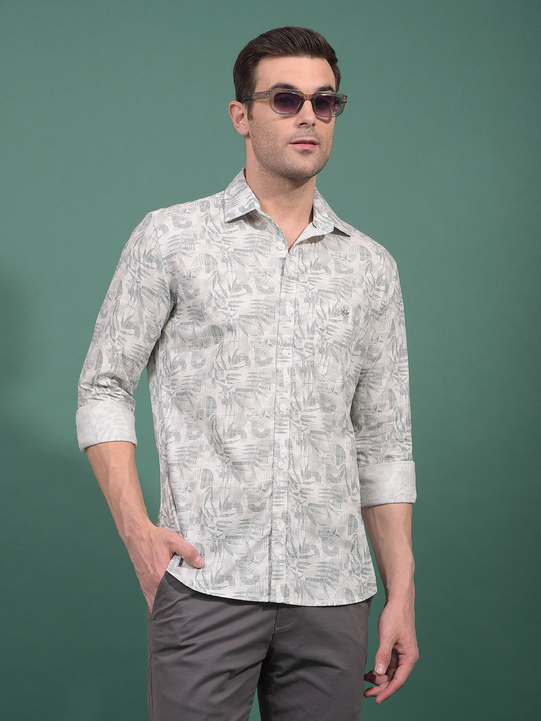 Green Floral Print 100% Cotton Shirt-Men Shirts-Crimsoune Club