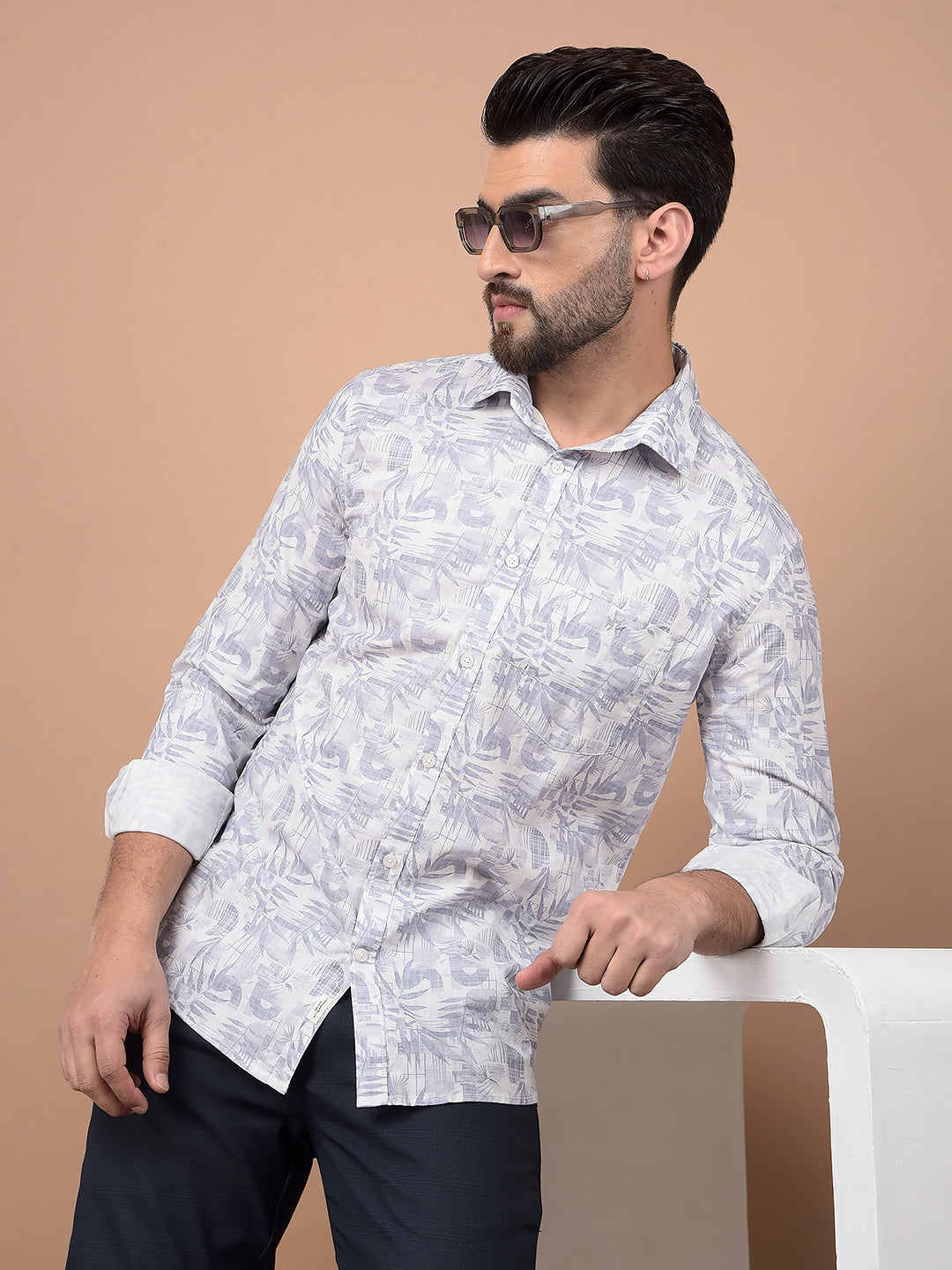 Blue Floral Print 100% Cotton Shirt-Men Shirts-Crimsoune Club