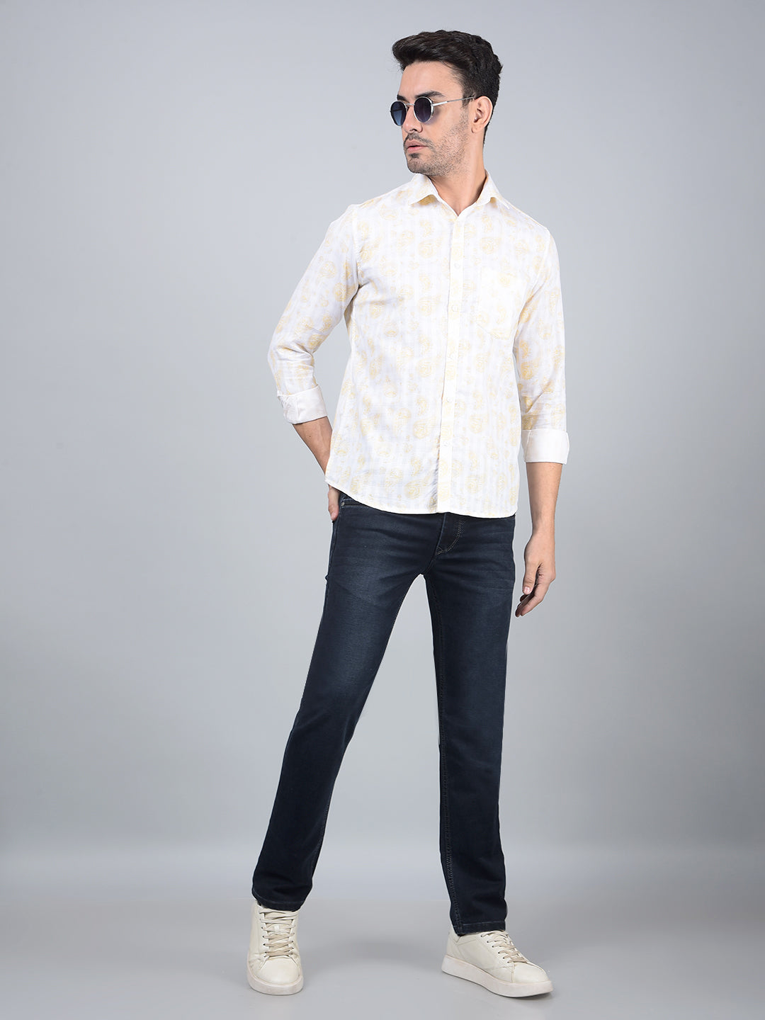 Yellow Floral Print 100% Cotton Shirt-Men Shirts-Crimsoune Club