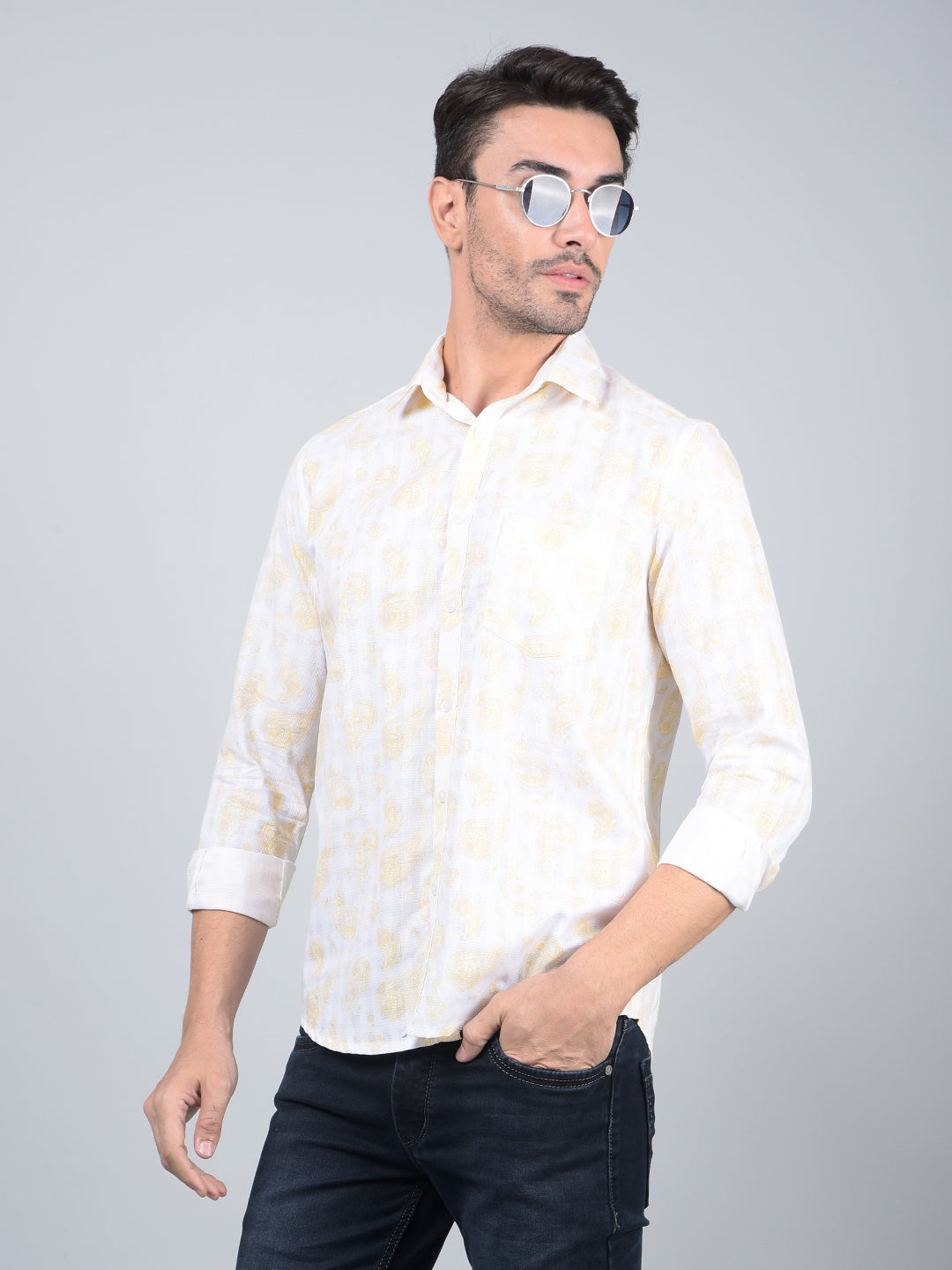 Yellow Floral Print 100% Cotton Shirt-Men Shirts-Crimsoune Club