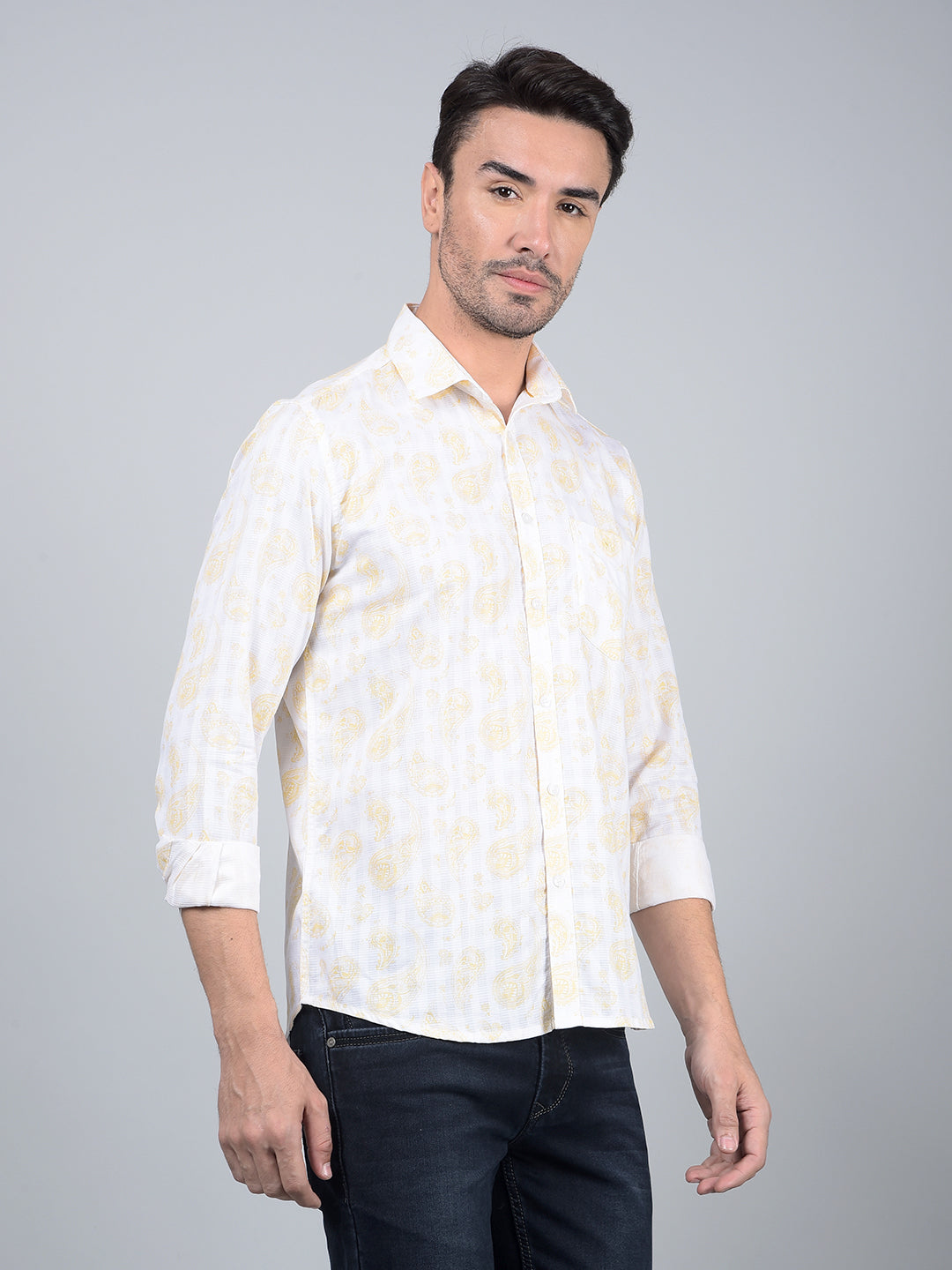 Yellow Floral Print 100% Cotton Shirt-Men Shirts-Crimsoune Club