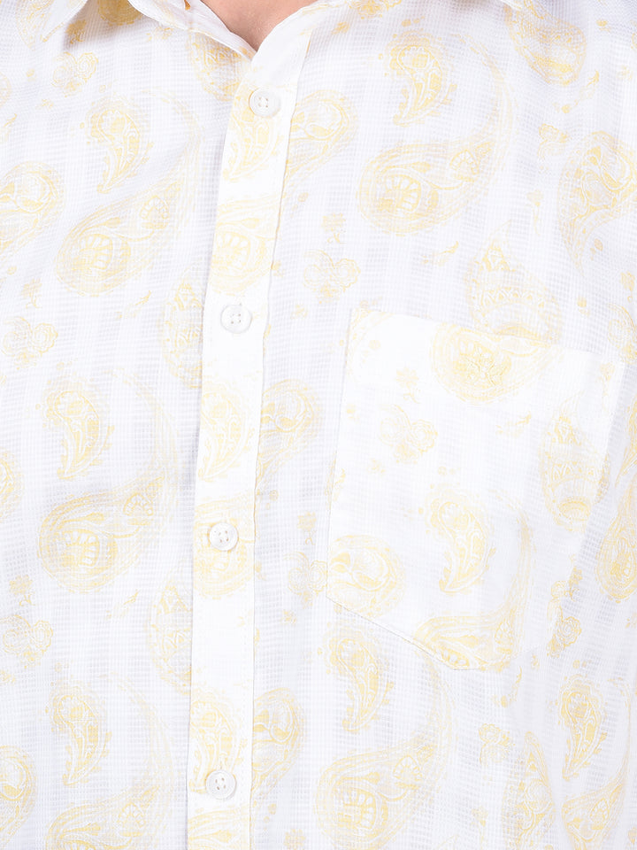 Yellow Floral Print 100% Cotton Shirt-Men Shirts-Crimsoune Club