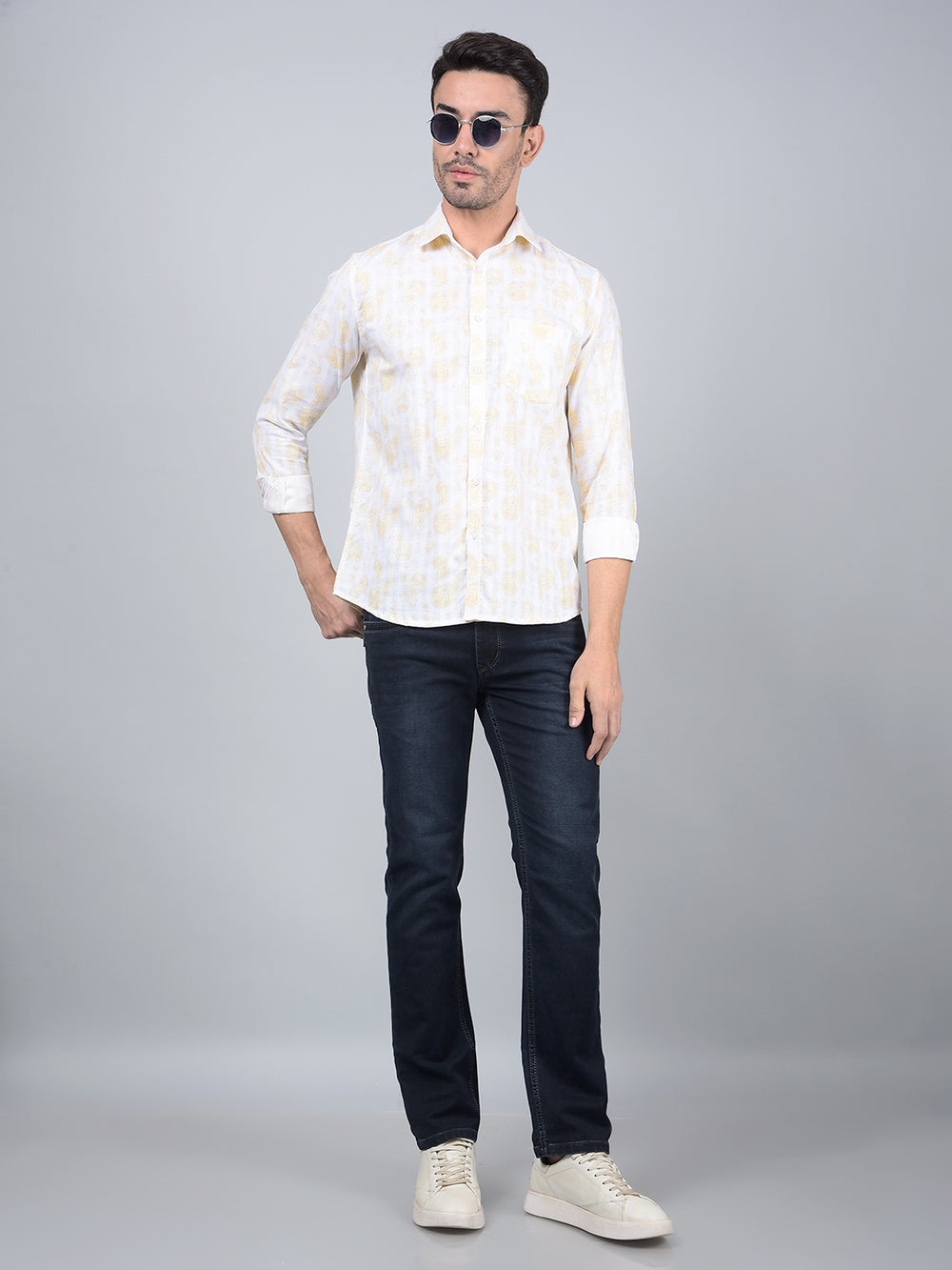 Yellow Floral Print 100% Cotton Shirt-Men Shirts-Crimsoune Club