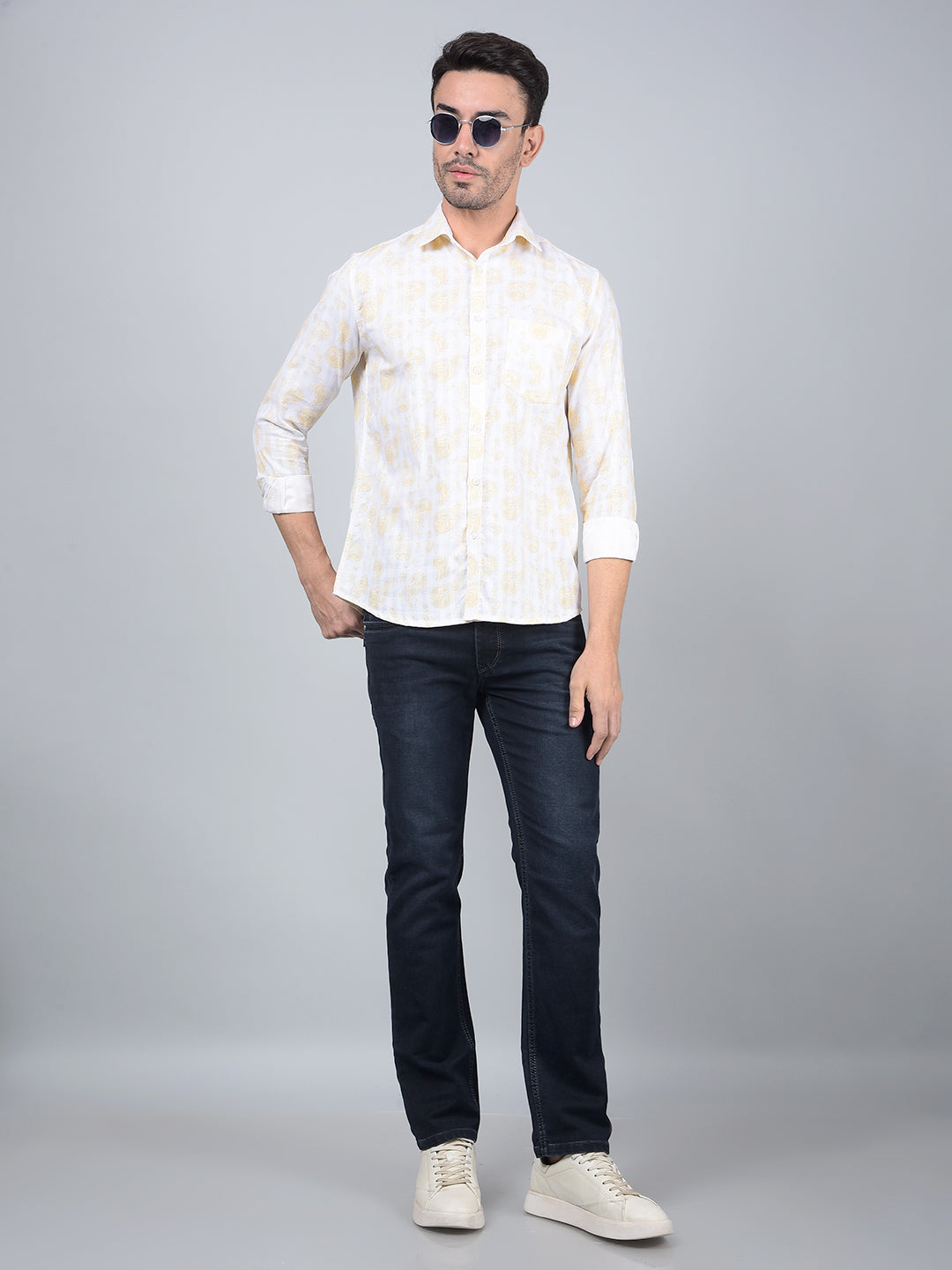 Yellow Floral Print 100% Cotton Shirt-Men Shirts-Crimsoune Club
