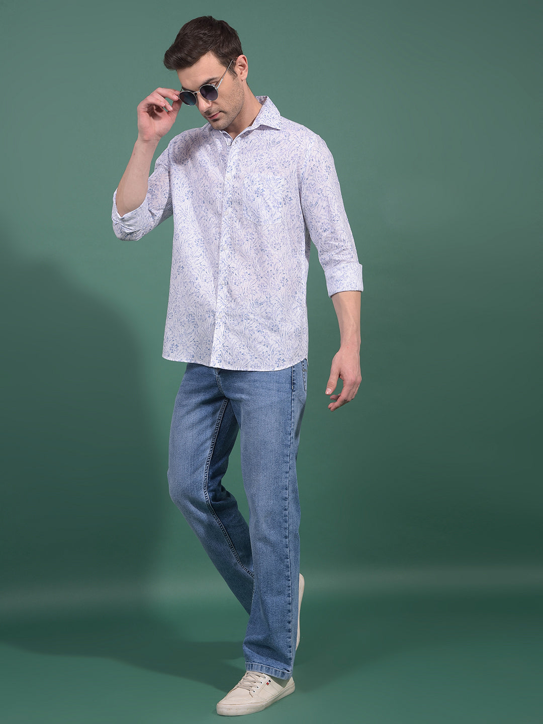 Blue Floral Print Linen Shirt-Men Shirts-Crimsoune Club