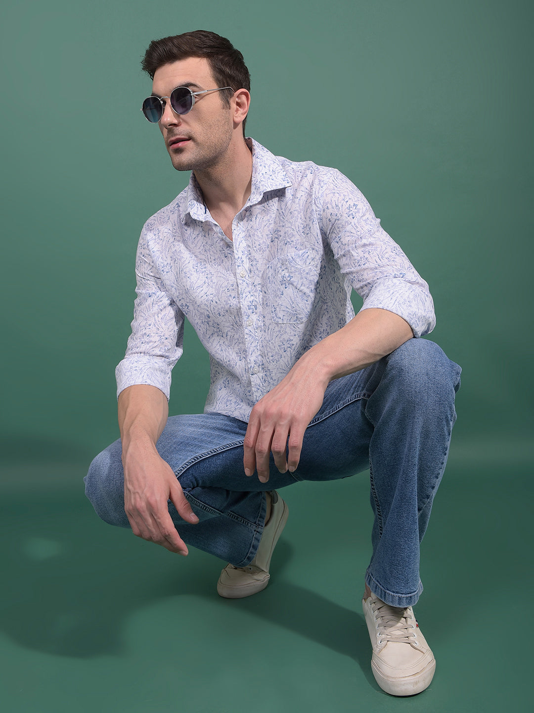 Blue Floral Print Linen Shirt-Men Shirts-Crimsoune Club