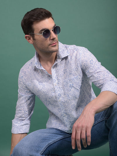 Blue Floral Print Linen Shirt-Men Shirts-Crimsoune Club