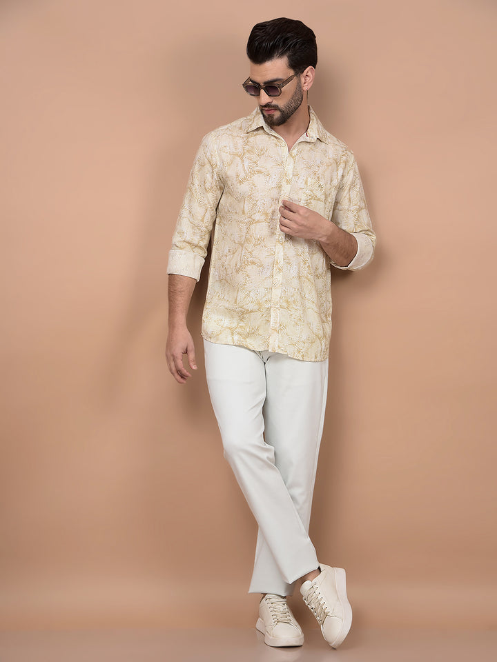 Olive Floral Print Linen Shirt-Men Shirts-Crimsoune Club