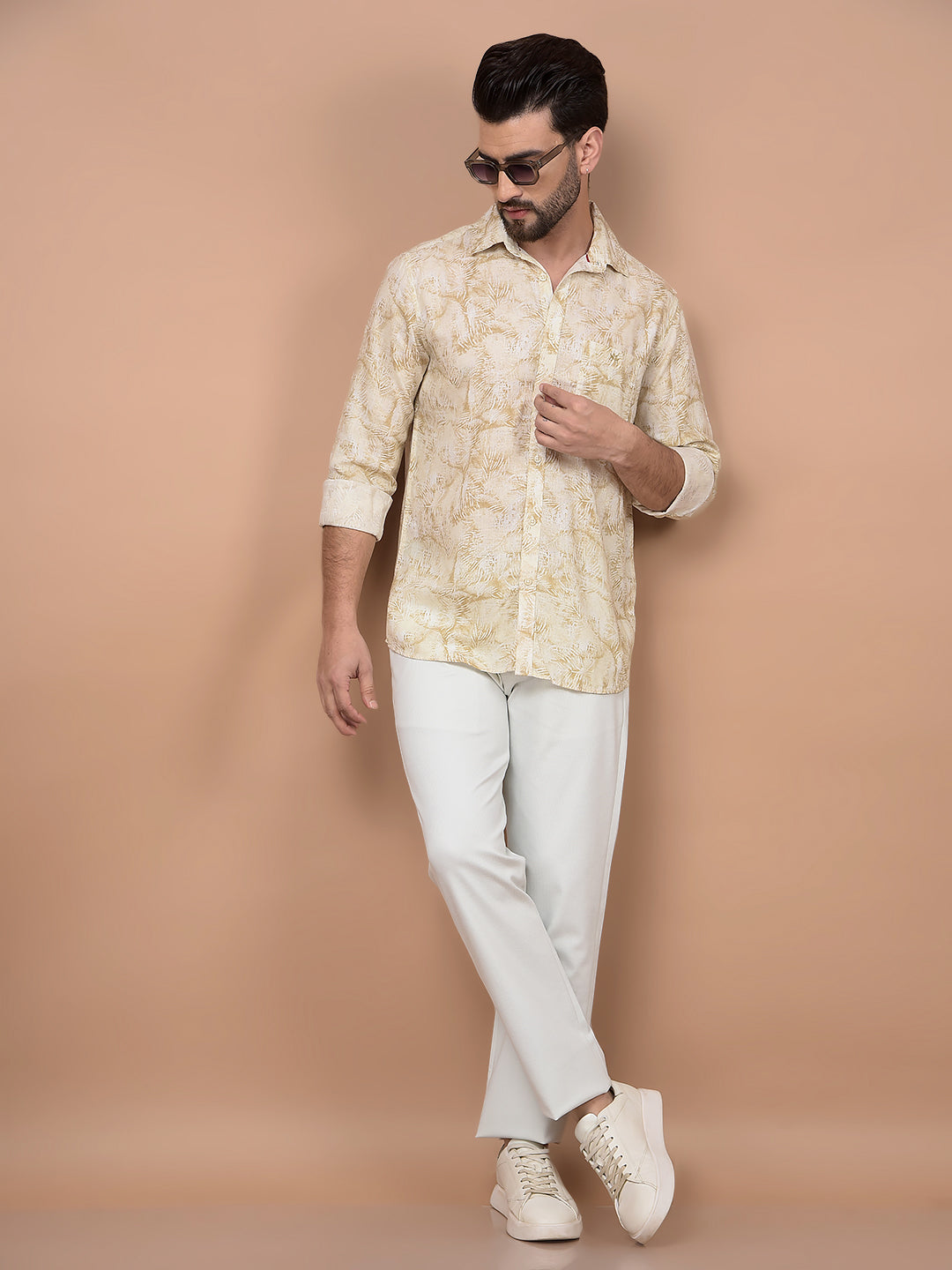 Olive Floral Print Linen Shirt-Men Shirts-Crimsoune Club