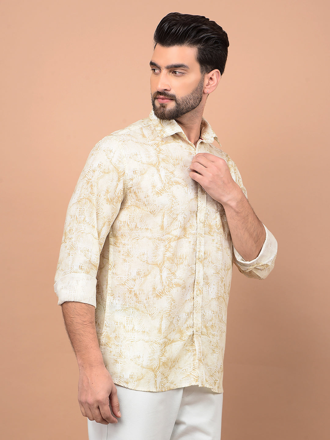 Olive Floral Print Linen Shirt-Men Shirts-Crimsoune Club