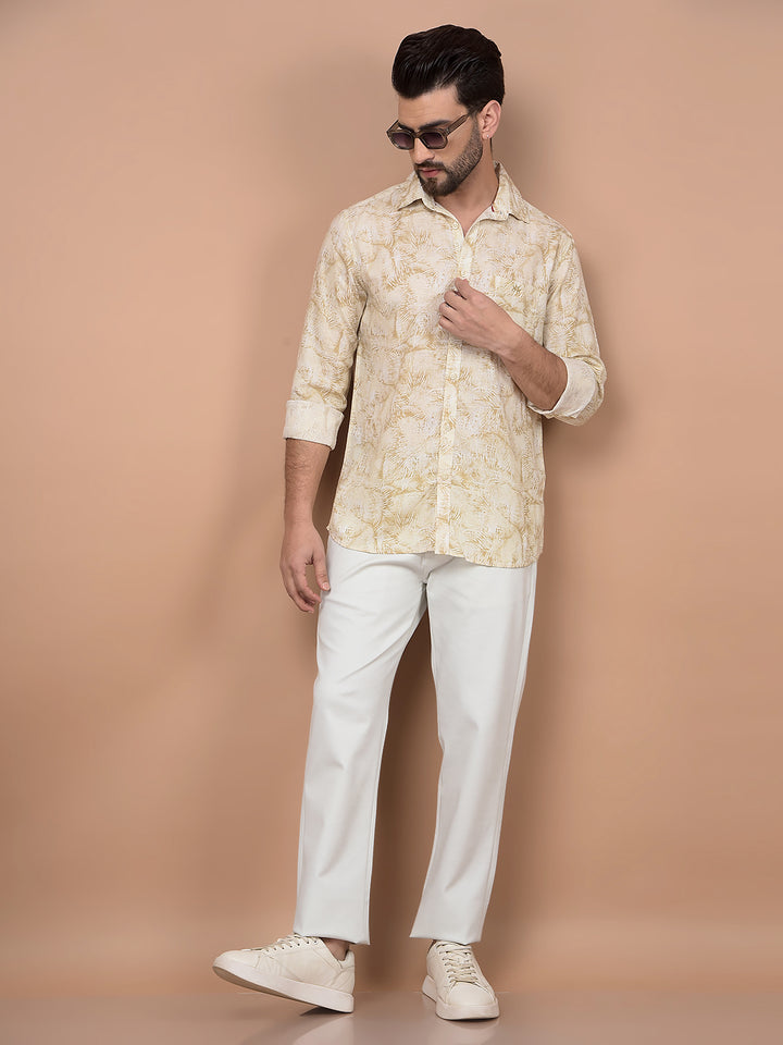 Olive Floral Print Linen Shirt-Men Shirts-Crimsoune Club