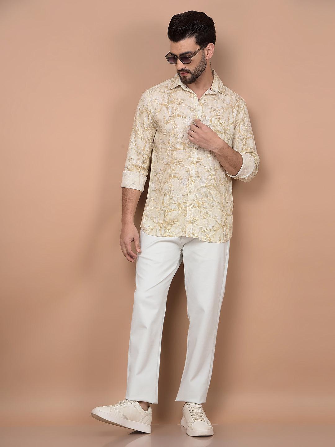 Olive Floral Print Linen Shirt-Men Shirts-Crimsoune Club