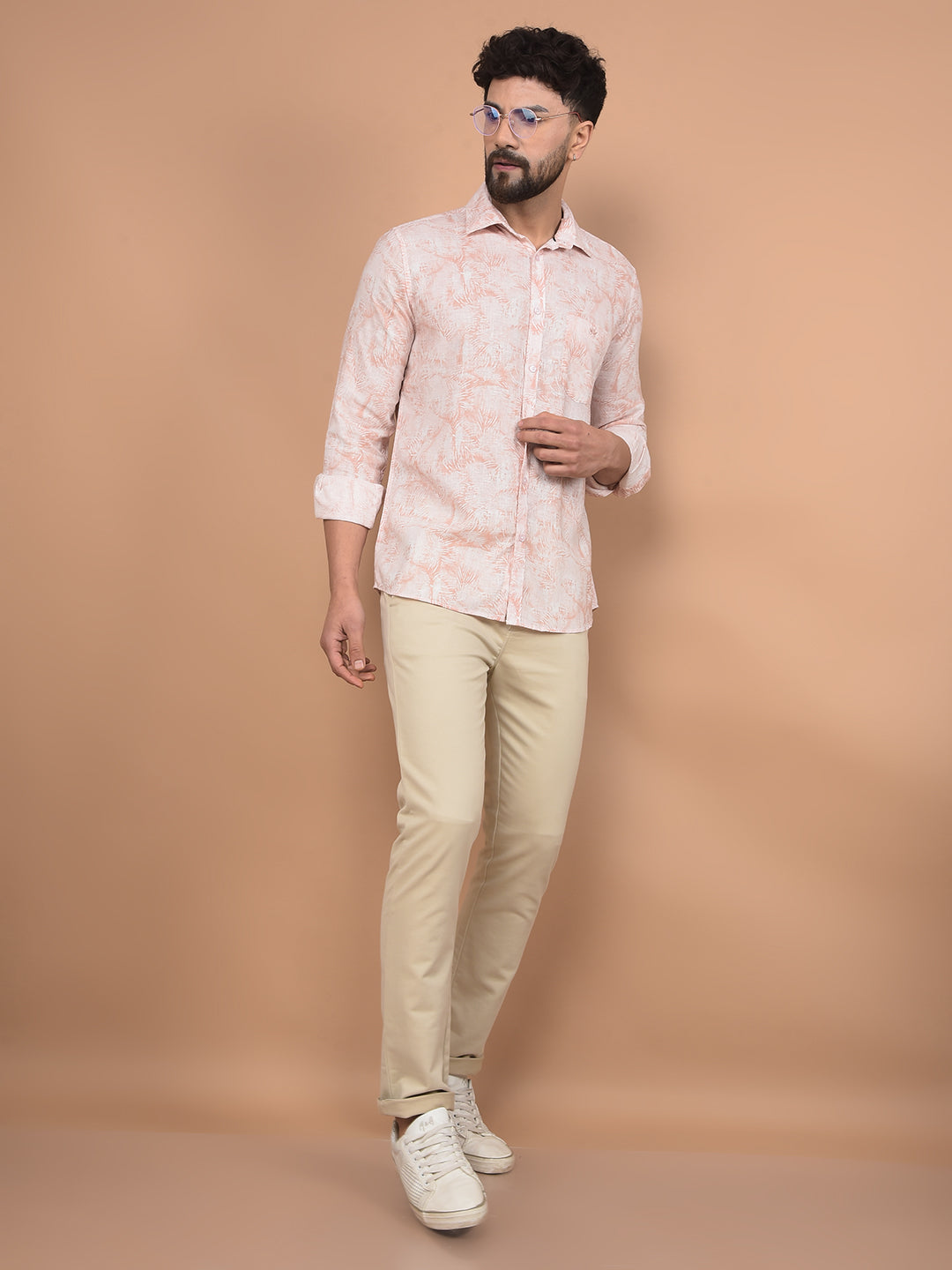 Peach Floral Print Linen Shirt-Men Shirts-Crimsoune Club