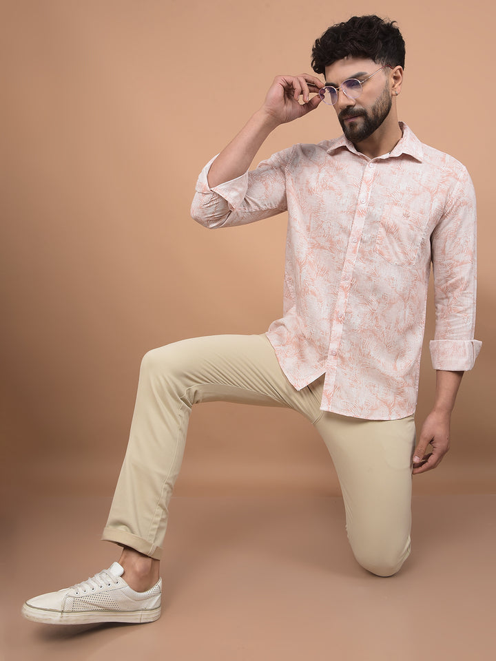 Peach Floral Print Linen Shirt-Men Shirts-Crimsoune Club
