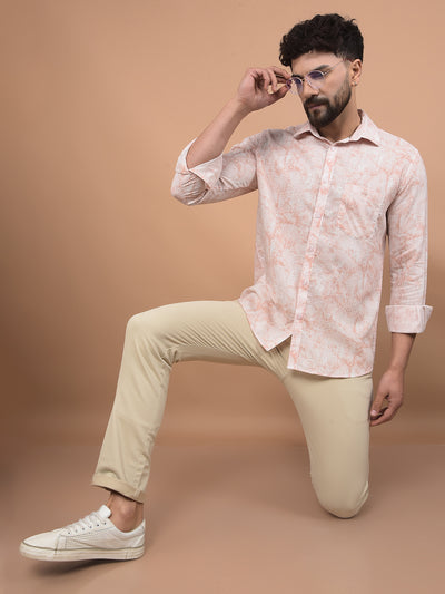 Peach Floral Print Linen Shirt-Men Shirts-Crimsoune Club