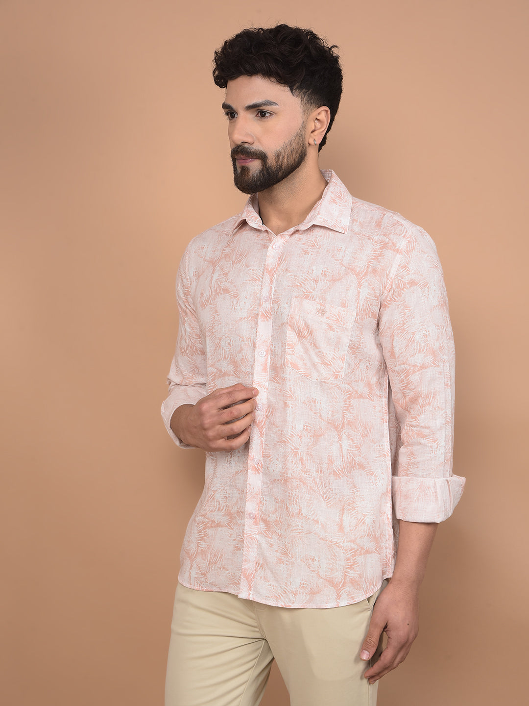 Peach Floral Print Linen Shirt-Men Shirts-Crimsoune Club
