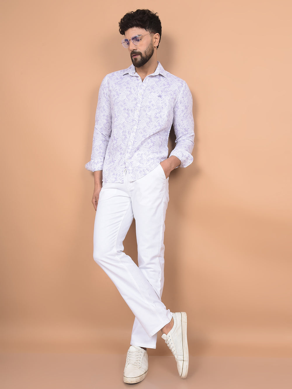 Purple Floral Print 100% Cotton Shirt-Men Shirts-Crimsoune Club