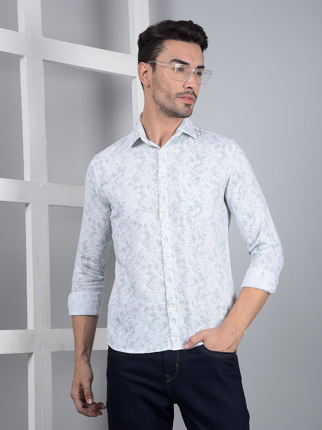 Green Floral Print 100% Cotton Shirt-Men Shirts-Crimsoune Club